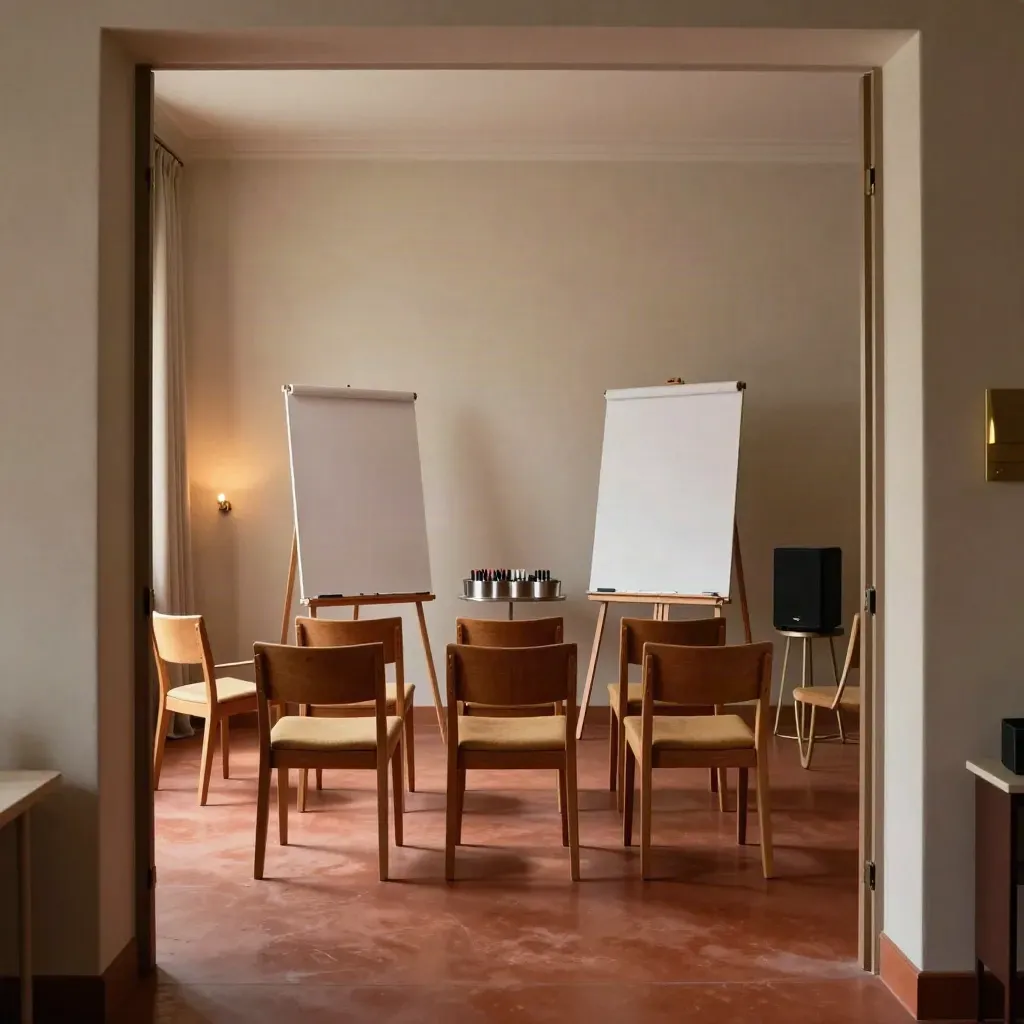 Sala workshop pronta con sedie allineate, lavagne bianche e luce calda al tramonto.