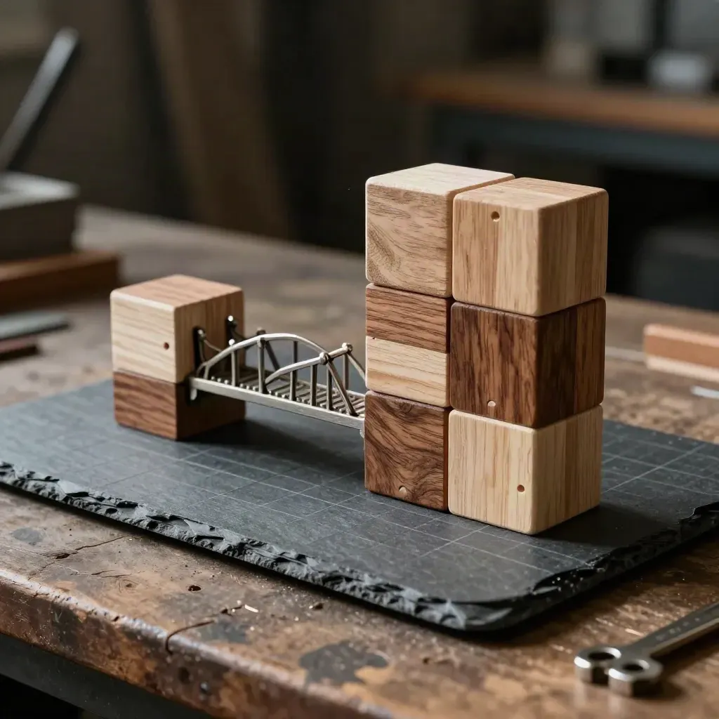 Cubi di legno e ponte metallico su una griglia, in un banco da lavoro ombroso.