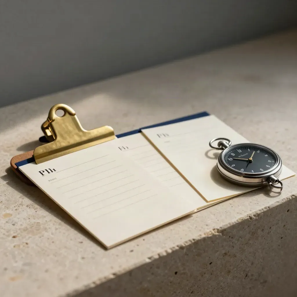 Tre card crema, clip in ottone e timer da tasca su pietra chiara, luce morbida.
