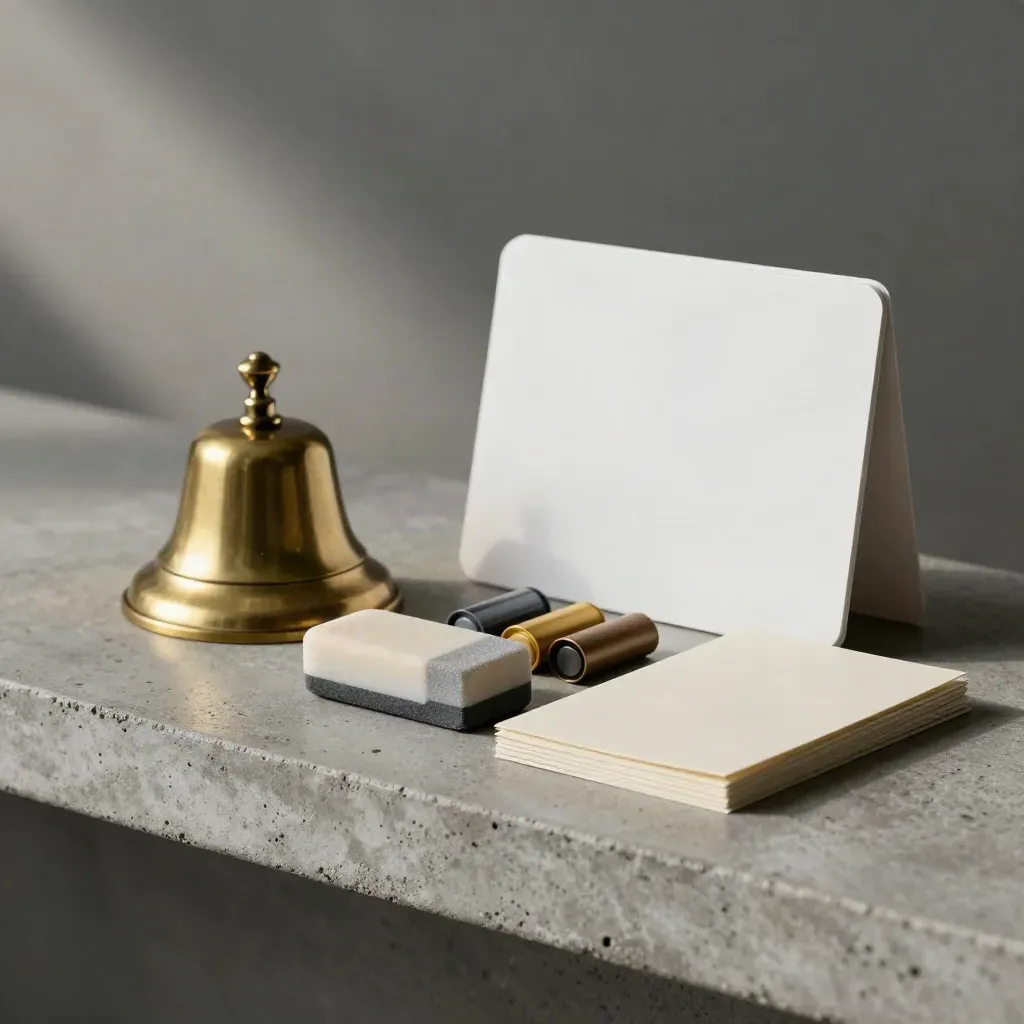 Kit da coaching con campanello in ottone, cancellino e carte piegate su mensola in pietra.
