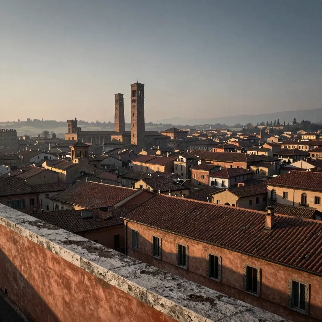 Vista di Bologna con le Torri Asinelli e Garisenda tra tetti rossi e foschia mattutina